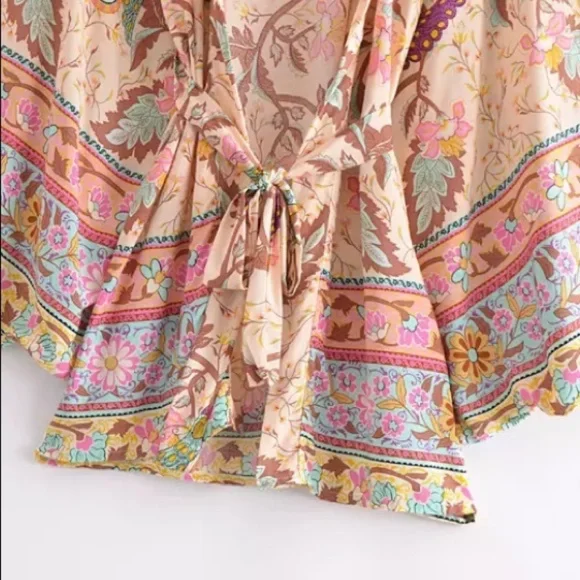 Beige Boho Multi Color Floral Peacock Short Kimono - Picture 3 of 10